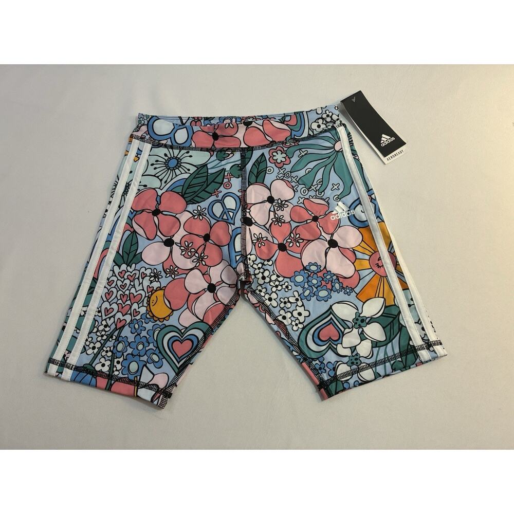 Adidas Girls Floral Bike Shorts L 14 NWT Colorful Graphic 3-Stripes Clear Sky